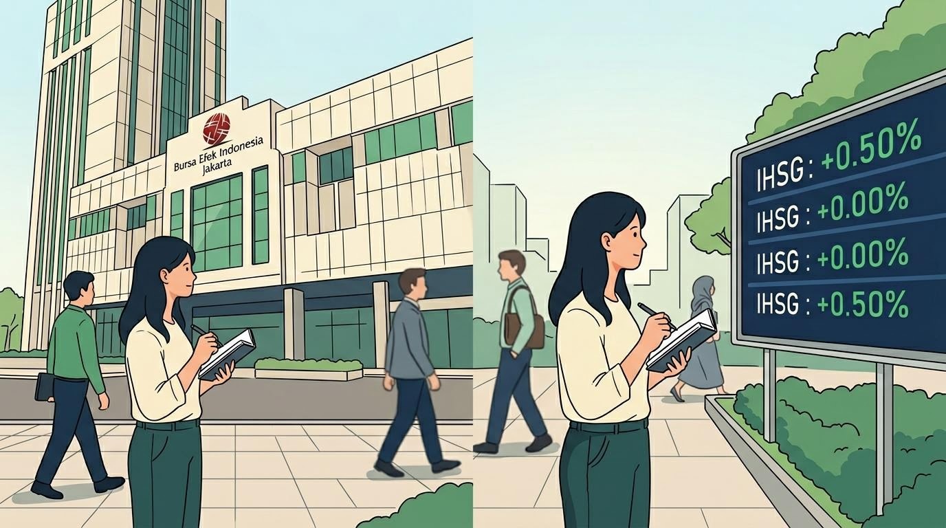 Gedung Bursa Efek Indonesia dan papan informasi sebagai gambaran dasar pasar modal
