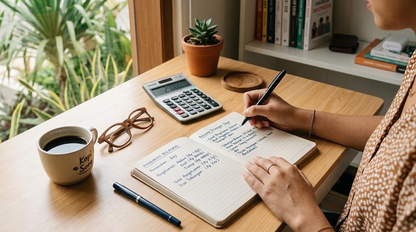 Catatan literasi keuangan dan rencana tujuan keuangan di atas meja kerja