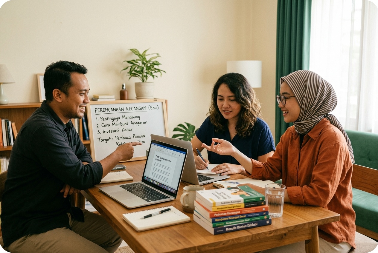 Suasana meja redaksi Blog Edukasi Investasi ID saat menyusun materi edukasi keuangan